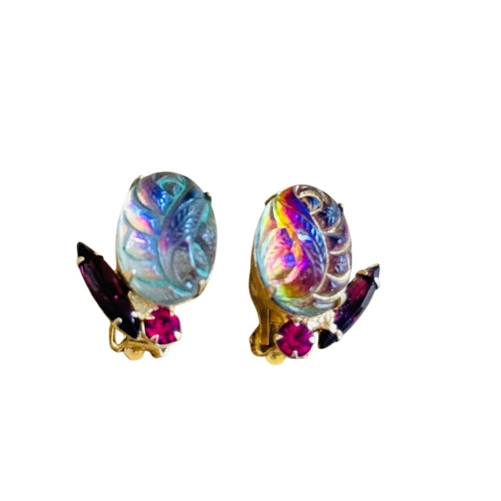 Clip Flower Rose Earrings D&E Juliana VTG Heliotrope Crystal Rhinestone Verified